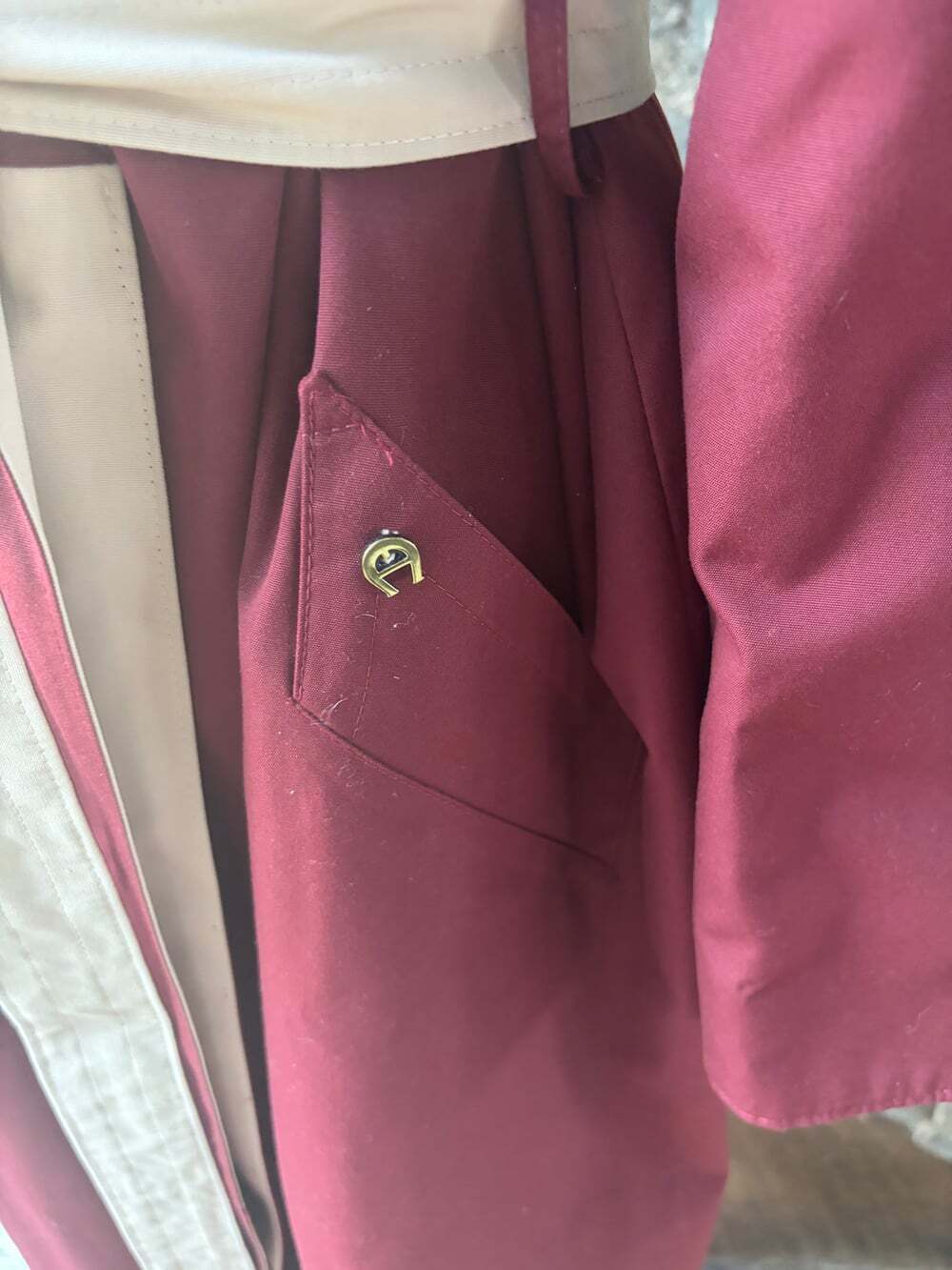 Vintage Etienne Aigner Reversible Trench Coat Women’s Large Tan Burgundy Belted - Picture 5 of 5